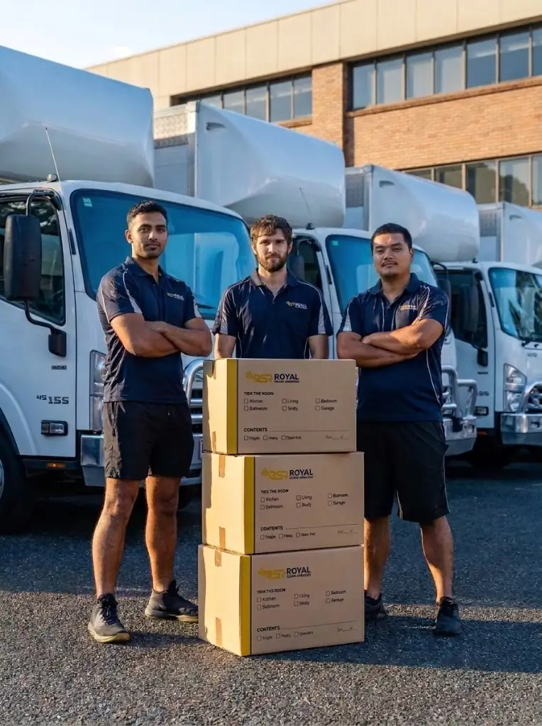 Royal Sydney Removals team with fleet and moving boxes
