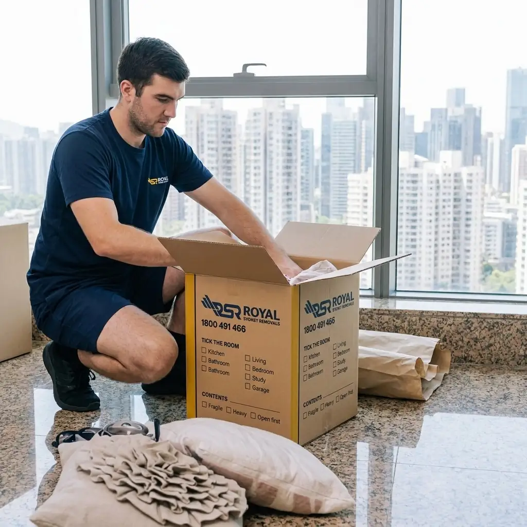 Royal Sydney Removals removalist packing boxes in a Sydney apartment