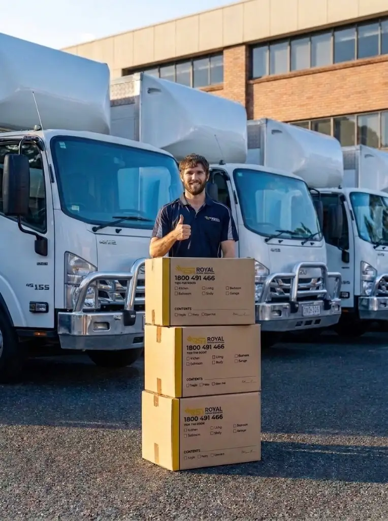 Removalist giving a thumbs up beside packed moving boxes