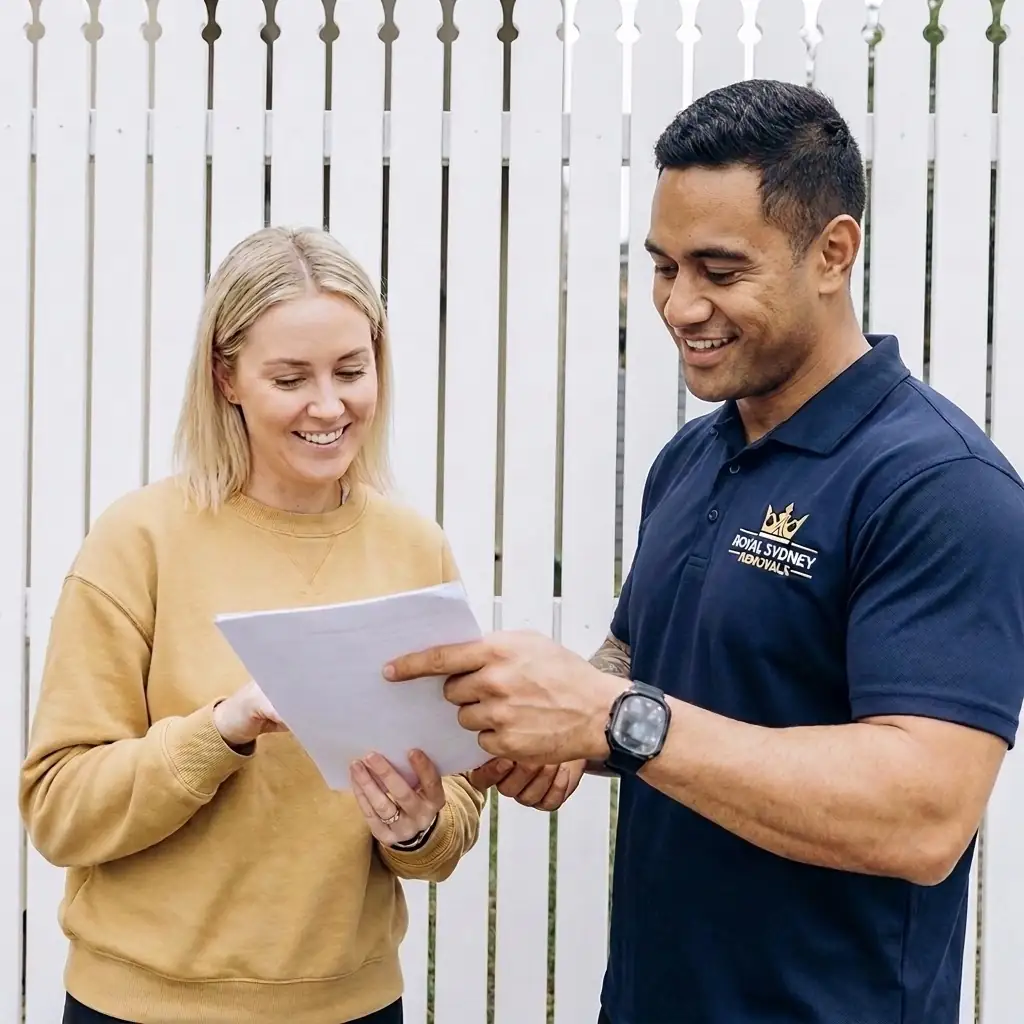 Royal Sydney Removals crew member reviewing paperwork with customer